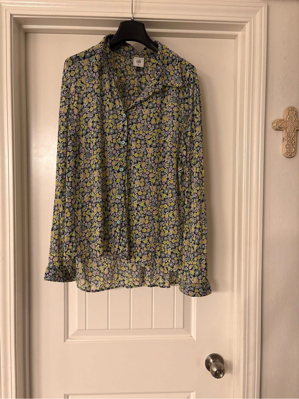 CAbi Floral Button-Front Blouse in Navy, Yellow, Light Blue